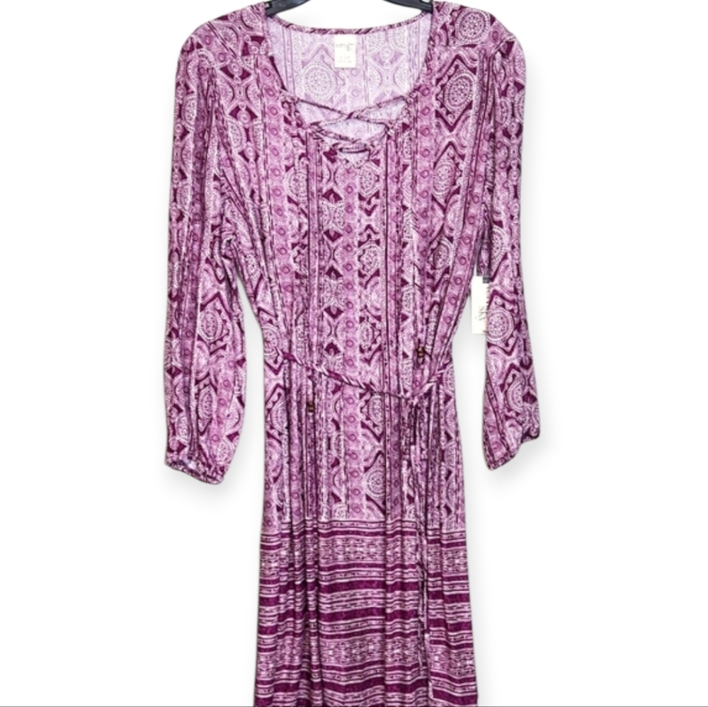 Terra & Sky size 14W Rayon Burgundy and white boho dress tie at waist